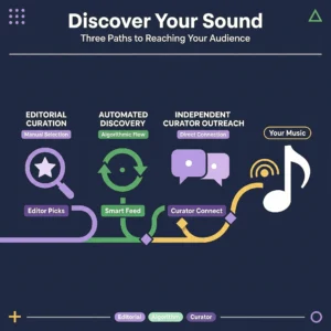 Three types of Spotify playlists — editorial, algorithmic, and independent curator pathways
