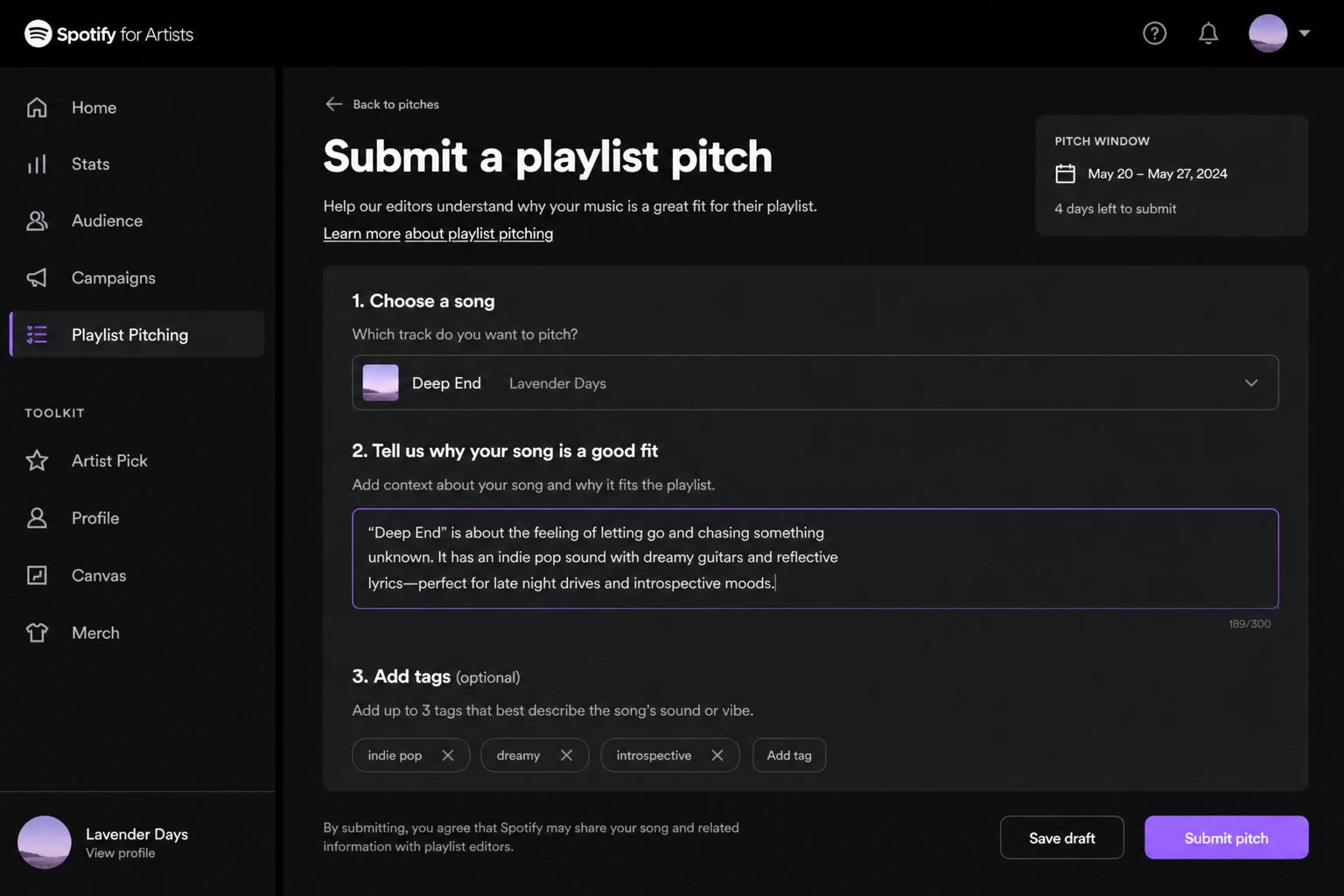 Spotify for Artists showing submit page pic