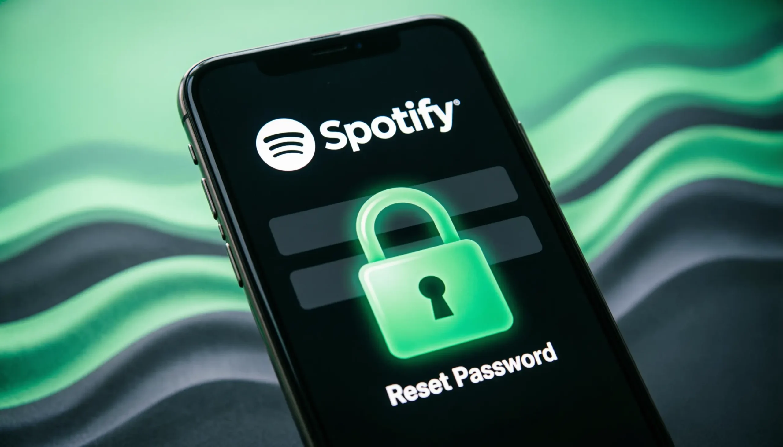 Illustration of a smartphone showing Spotify login screen with a padlock icon representing password reset
