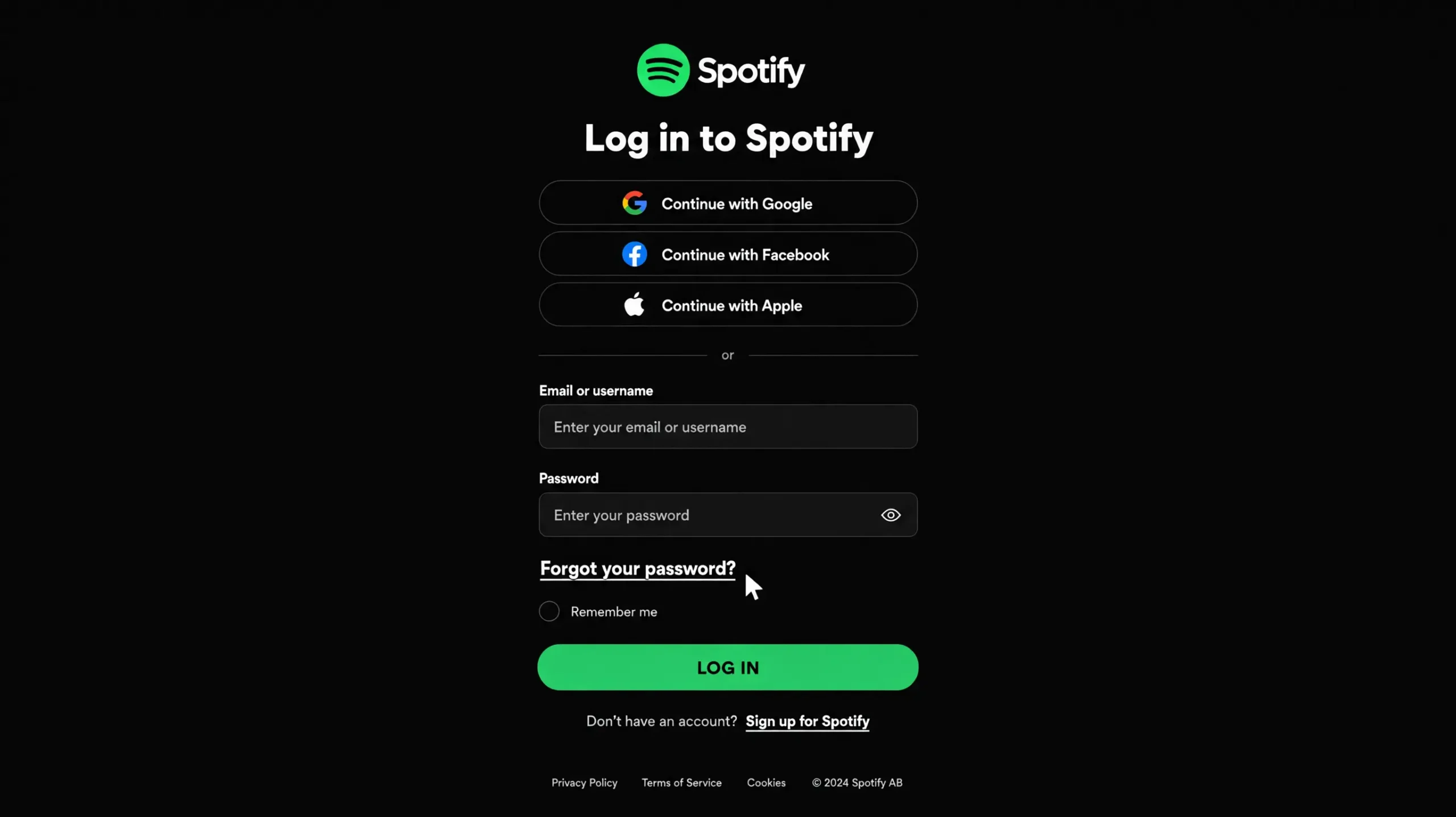 Spotify login page showing the Forgot your password link